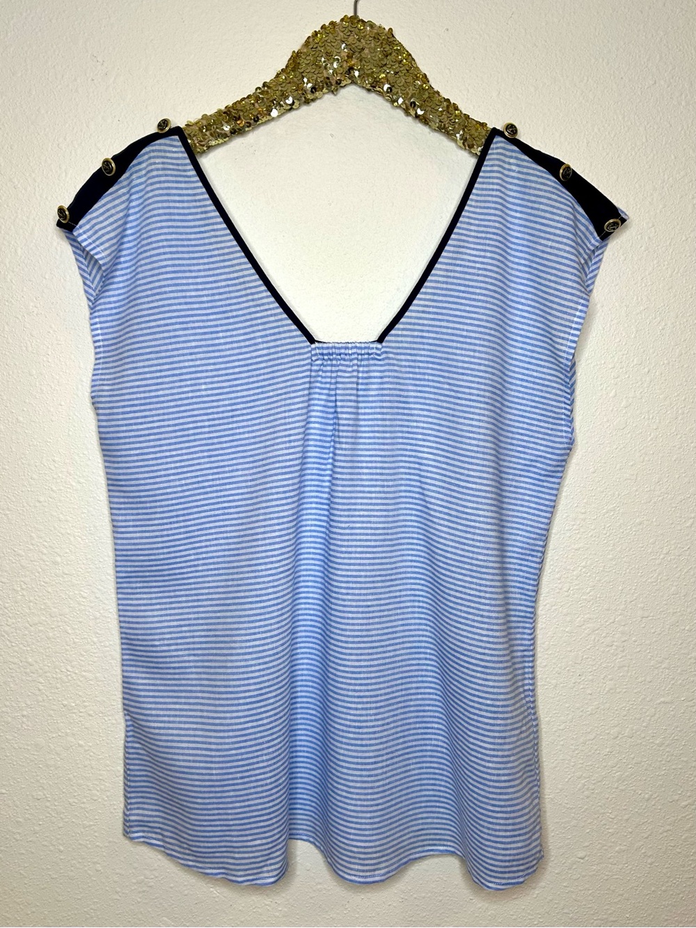 Cabi Windward Nautical Blue Stripe V-Neck Ruffle Back Top M